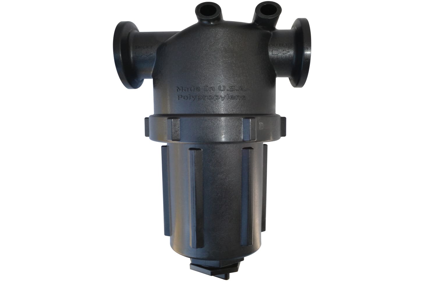 A black plastic filter housing with two valves.