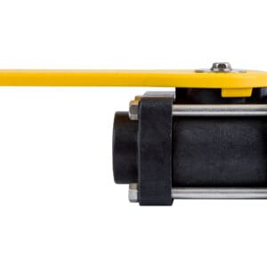 A close up of the ball valve with yellow handle.
