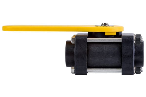 A close up of the ball valve with yellow handle.