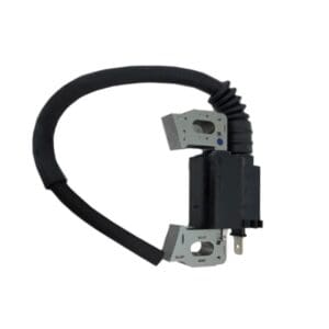 A black and silver picture of an ignition coil.