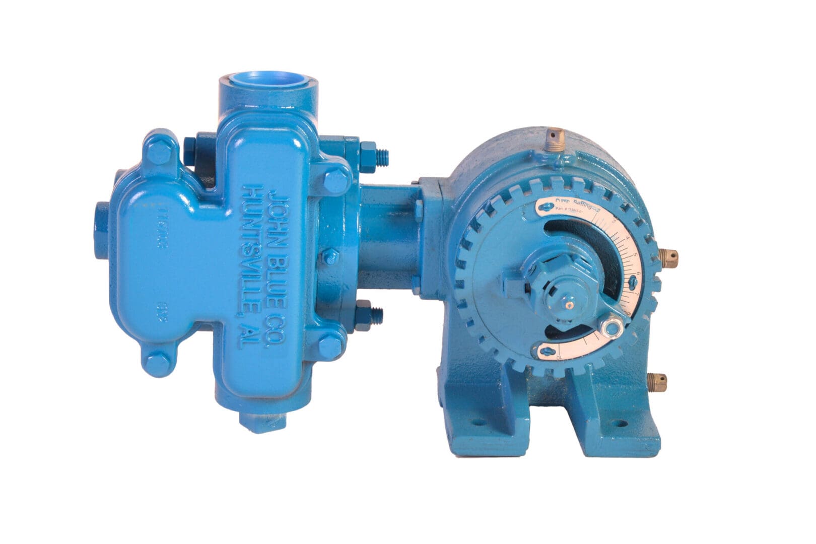 A blue pump with a metal head and a large gear.