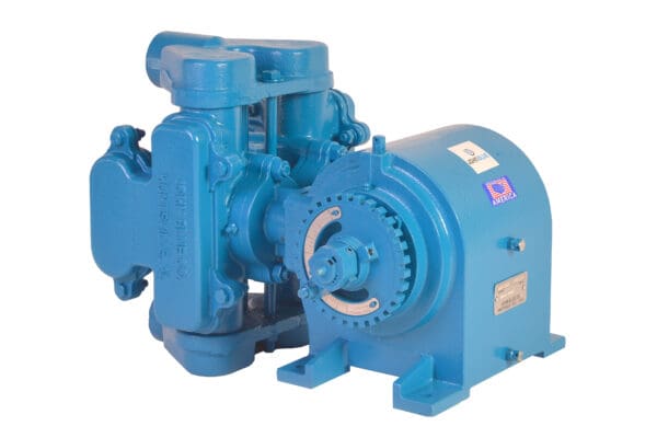 A blue pump with a gear on the side of it.