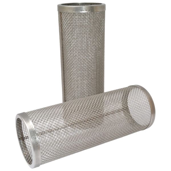 Two silver mesh cylindrical filters.