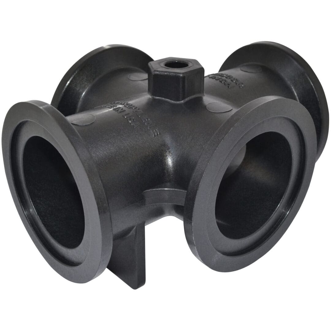 A black pipe with two large holes in it.