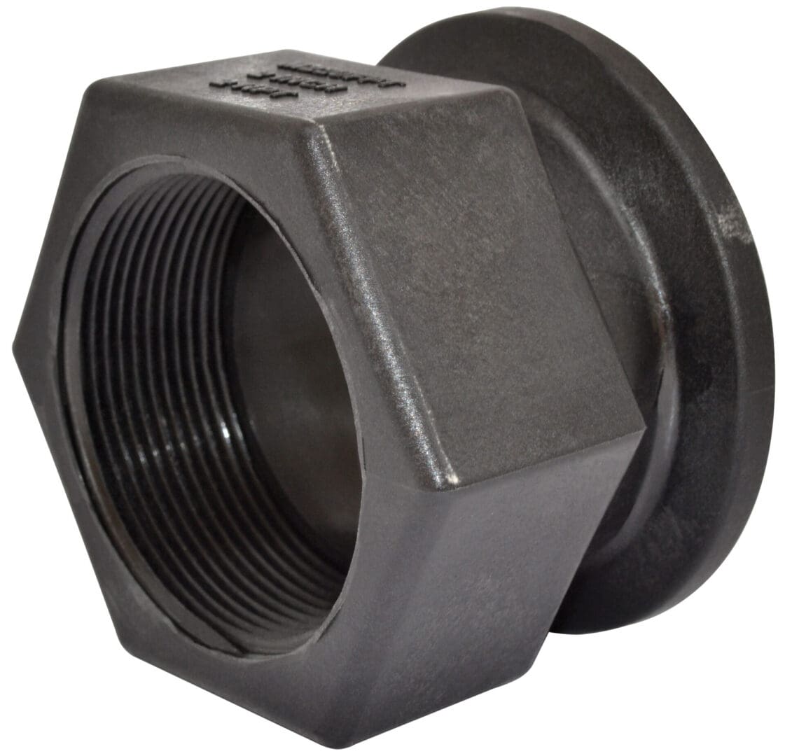 A black plastic nut with a large hole in the center.