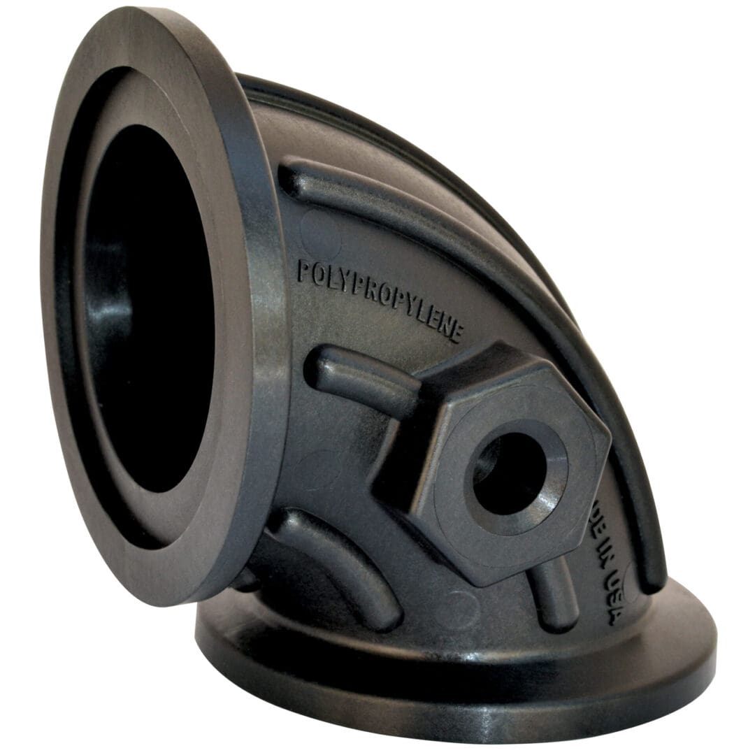 Black polypropylene pipe elbow fitting.