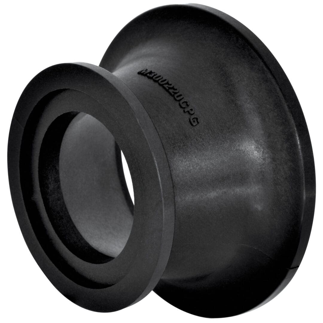 Black rubber pipe fitting with a wide opening.