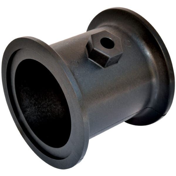 A black plastic pipe with a nut on the end of it.