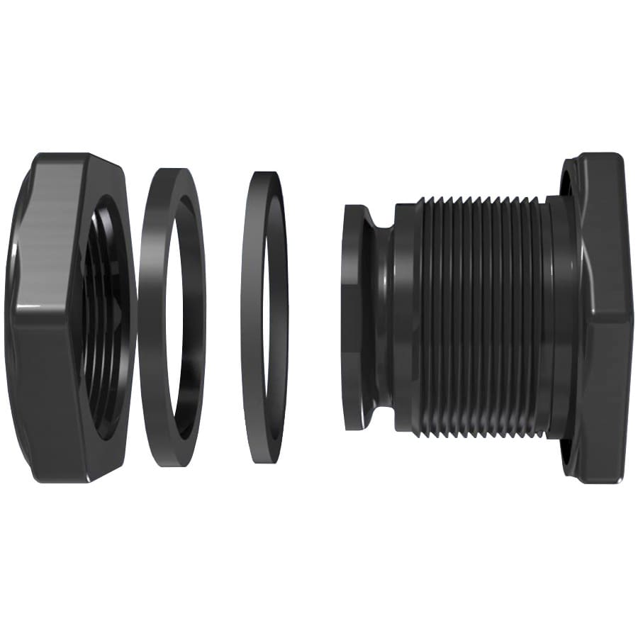 Black plastic cable gland parts.