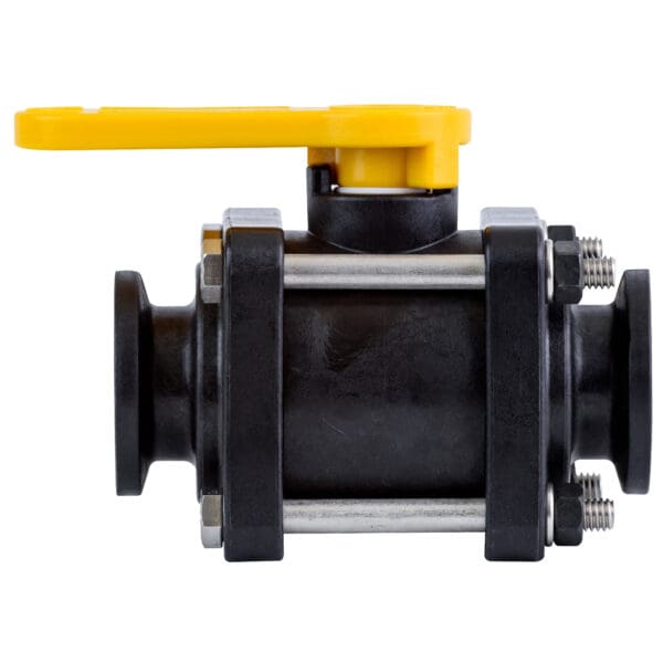 A black ball valve with yellow handle and side view.