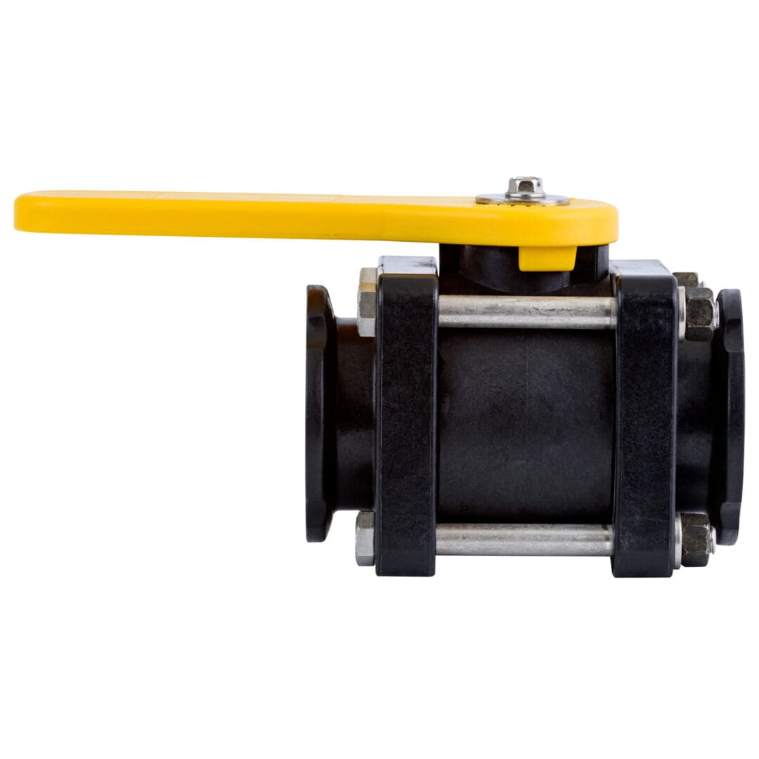 Black plastic ball valve with yellow handle.