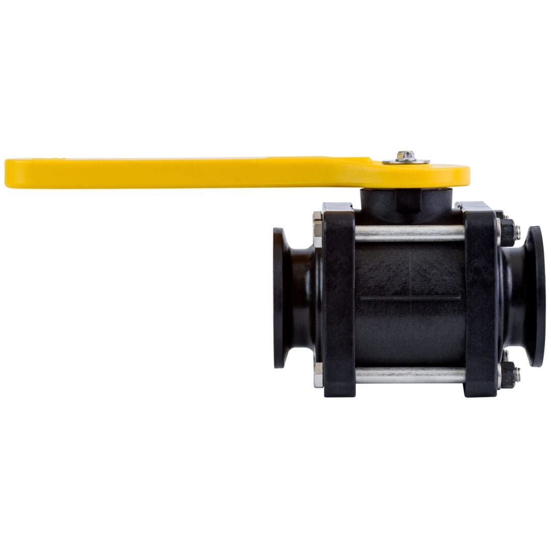 A black ball valve with yellow handle and side view.