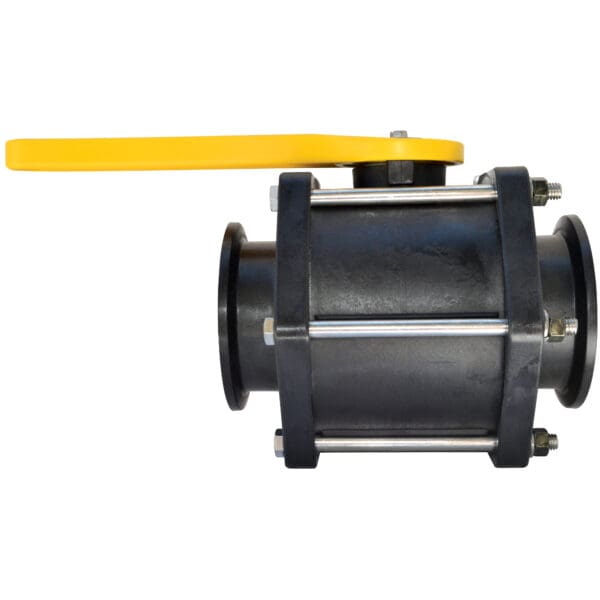 A black ball valve with yellow handle and side view.