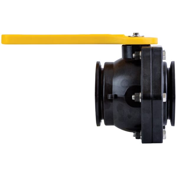 A black ball valve with yellow handle.