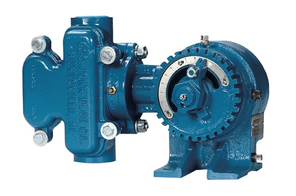 A blue pump with gears on top of it.