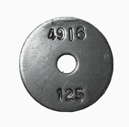 A metal disc with the number 4 9 1 6 on it.