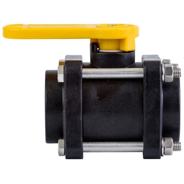 A black ball valve with yellow handle and side view.