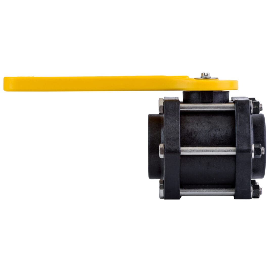 A black ball valve with yellow handle and side view.