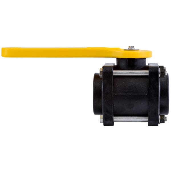 Black ball valve with yellow handle.