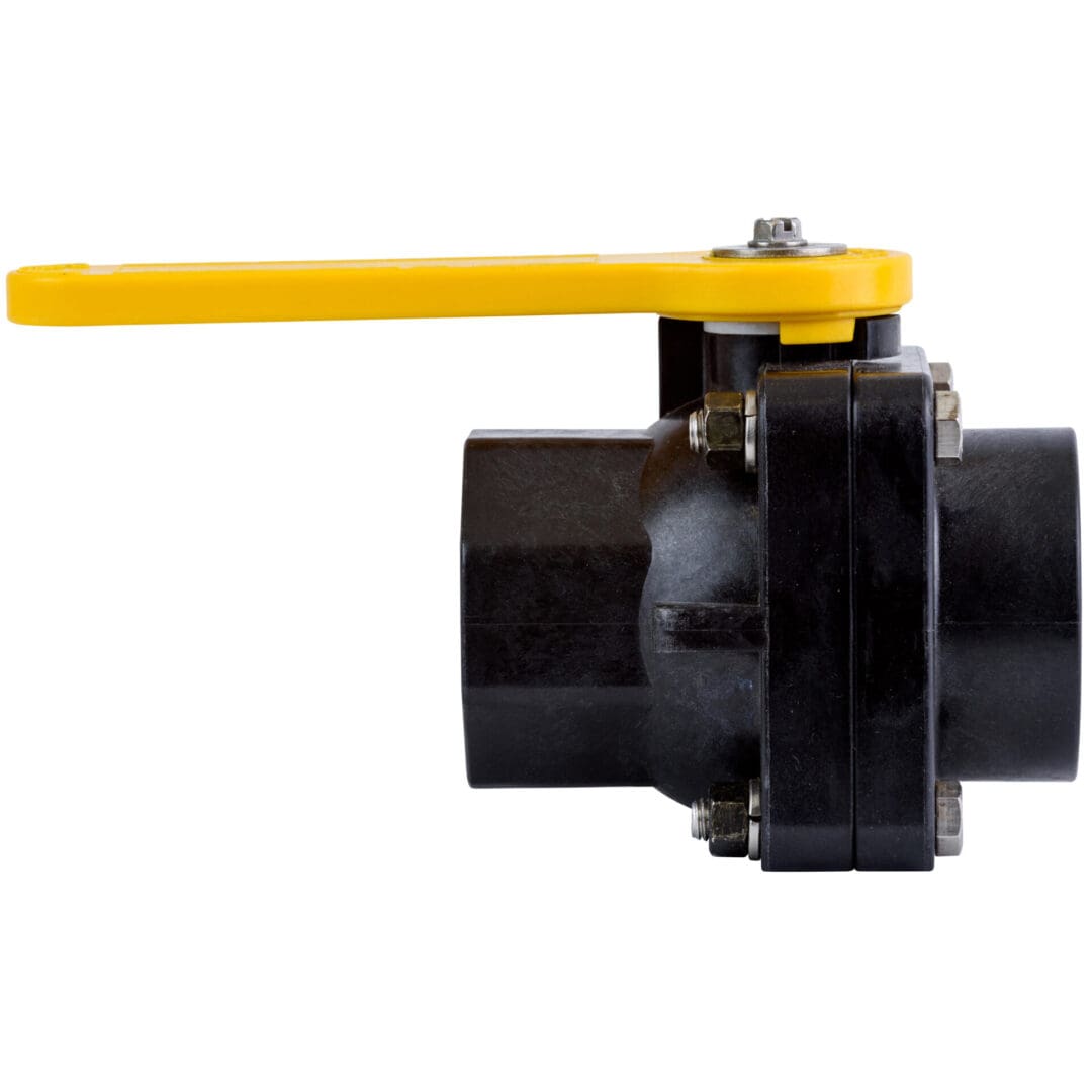 Black plastic ball valve with yellow handle.