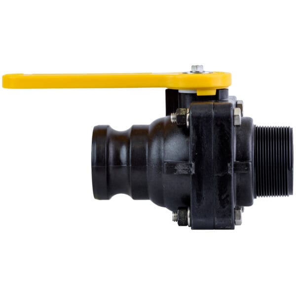 Black plastic ball valve with yellow handle.