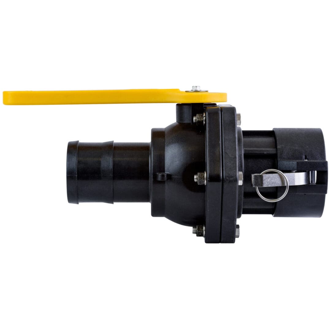 A black and yellow valve with a handle.