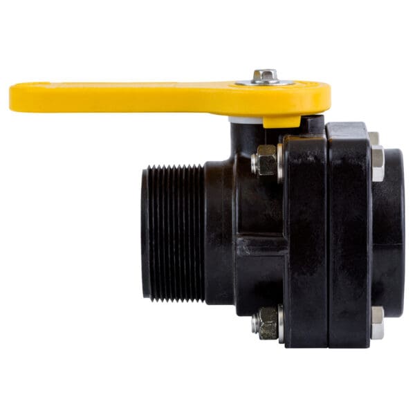 Black plastic ball valve with yellow handle.