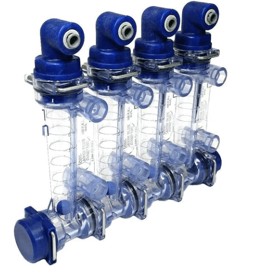 A group of five blue valves in a row.