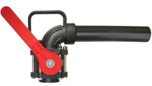 Black and red valve with lever.